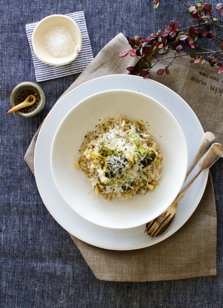 Buckwheat and Leek Risotto with Roasted Broccoli and Pine Nuts