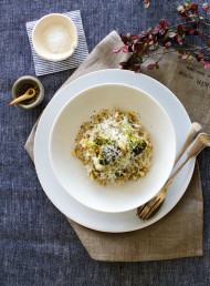 Buckwheat and Leek Risotto with Roasted Broccoli and Pine Nuts