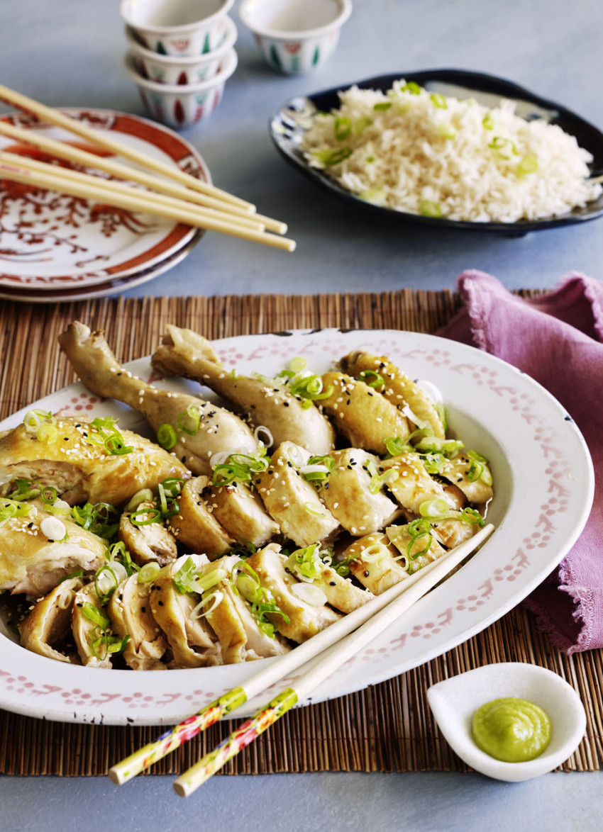 Sake Steamed Chicken with Spring Onion, Soy and Wasabi Dressing