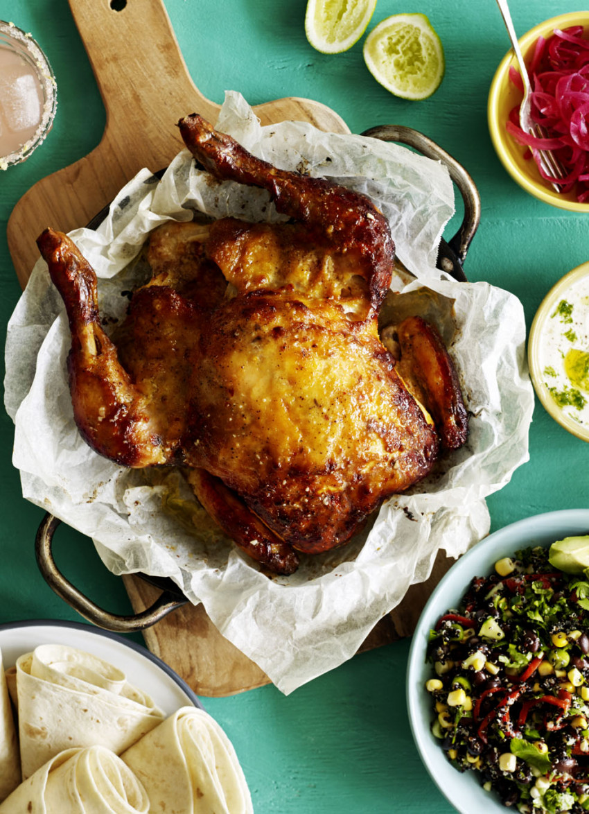 Mango Relish and Yoghurt Roasted Chicken with Black Bean Salad, Avocado and Soft Tortillas 