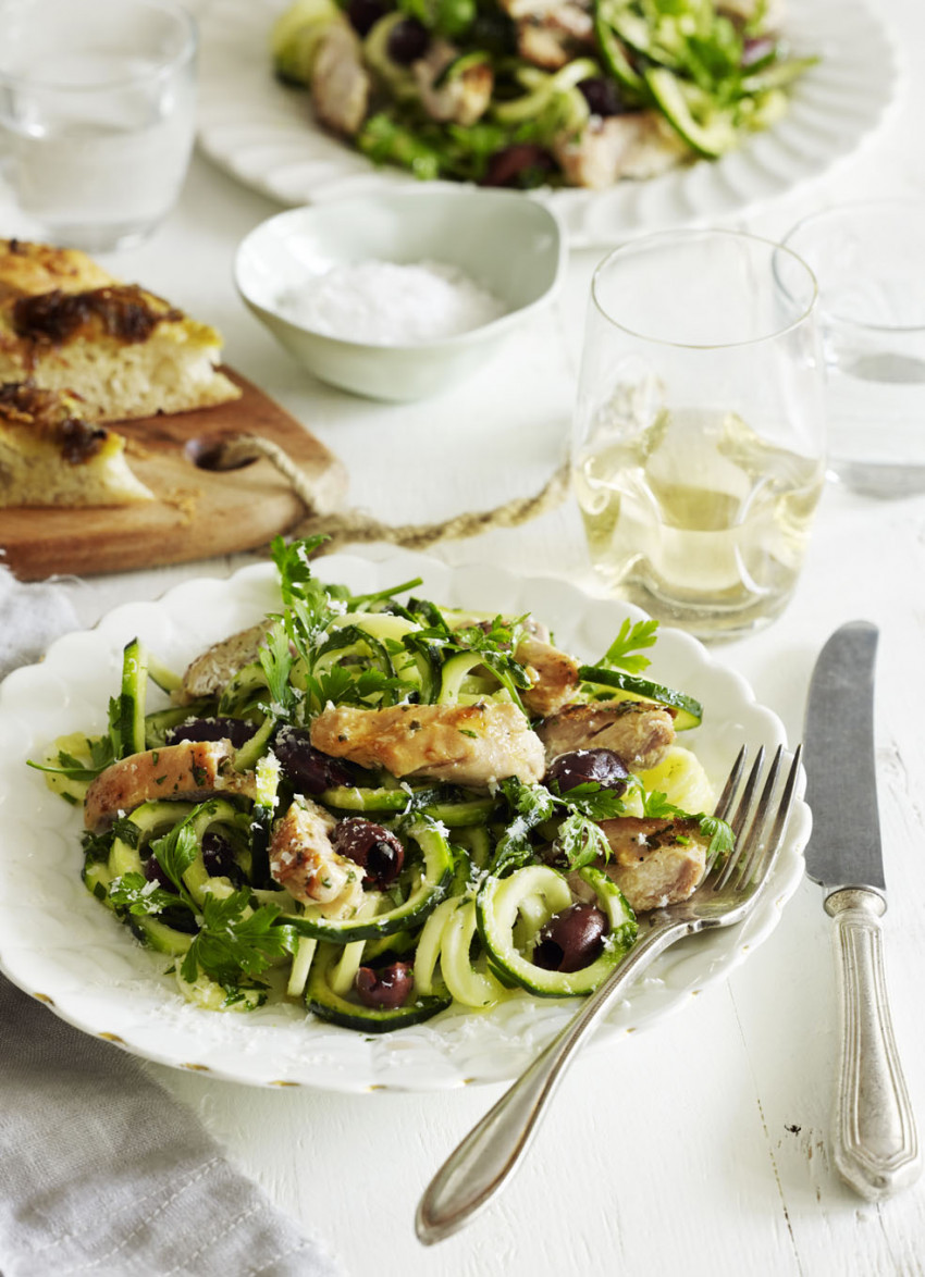 Herbed Chicken Thighs on Raw Zucchini Noodles