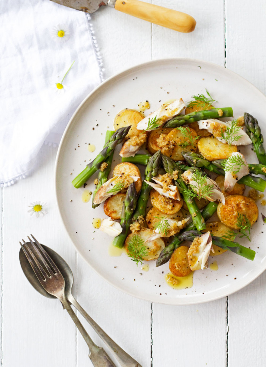 Roast Potato, Smoked Fish and Asparagus Salad with Preserved Lemon Dressing