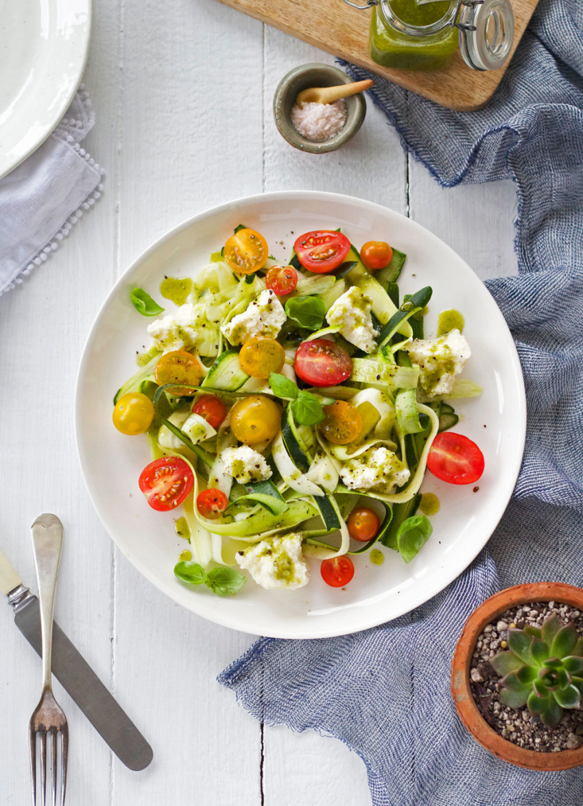Zucchini Ribbons with Cherry Tomatoes, Ricotta and Herby Anchovy Dressing