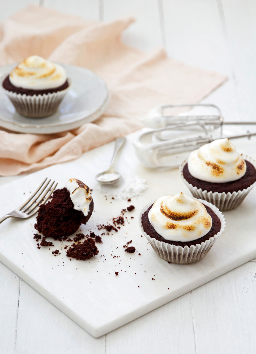 Dark Chocolate Vegan Cupcakes with Aquafaba Meringue