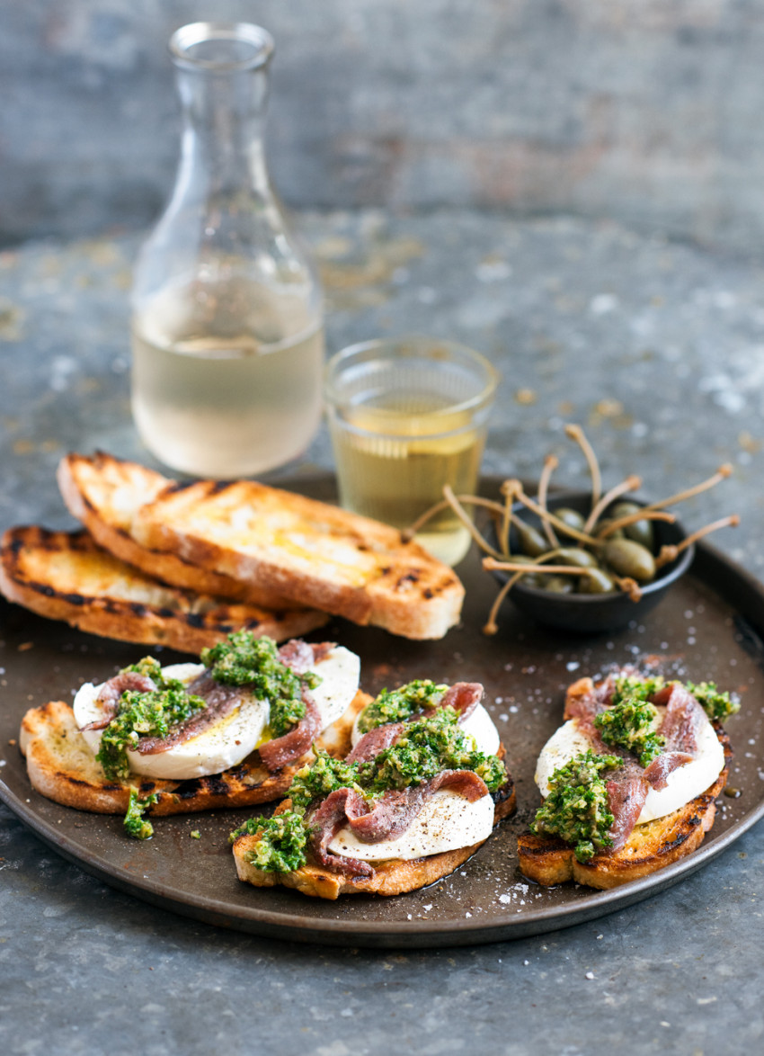 Mozzarella Tartines with Anchovies and Olive and Parsley Salsa