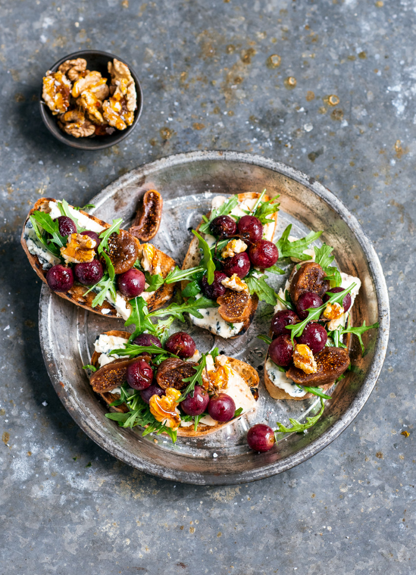 Pomegranate Roasted Grape and Blue Cheese Bruschetta with Salted Caramel Walnuts