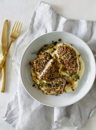 Puffed Quinoa and Cashew Pork Schnitzel with Parsnip and Tahini Mash