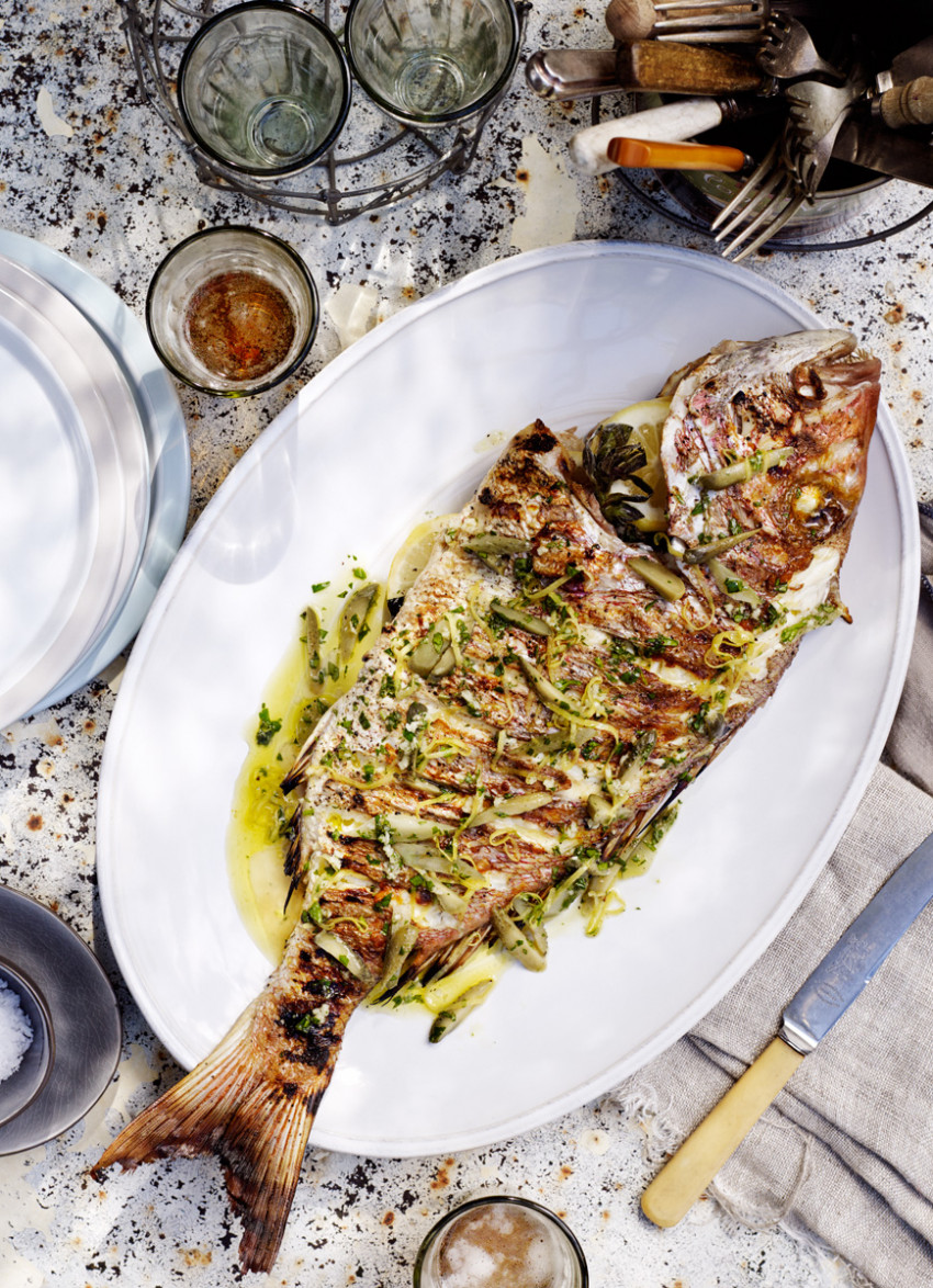 Whole Grilled Fish with Lemon, Cornichons and Oregano Dressing