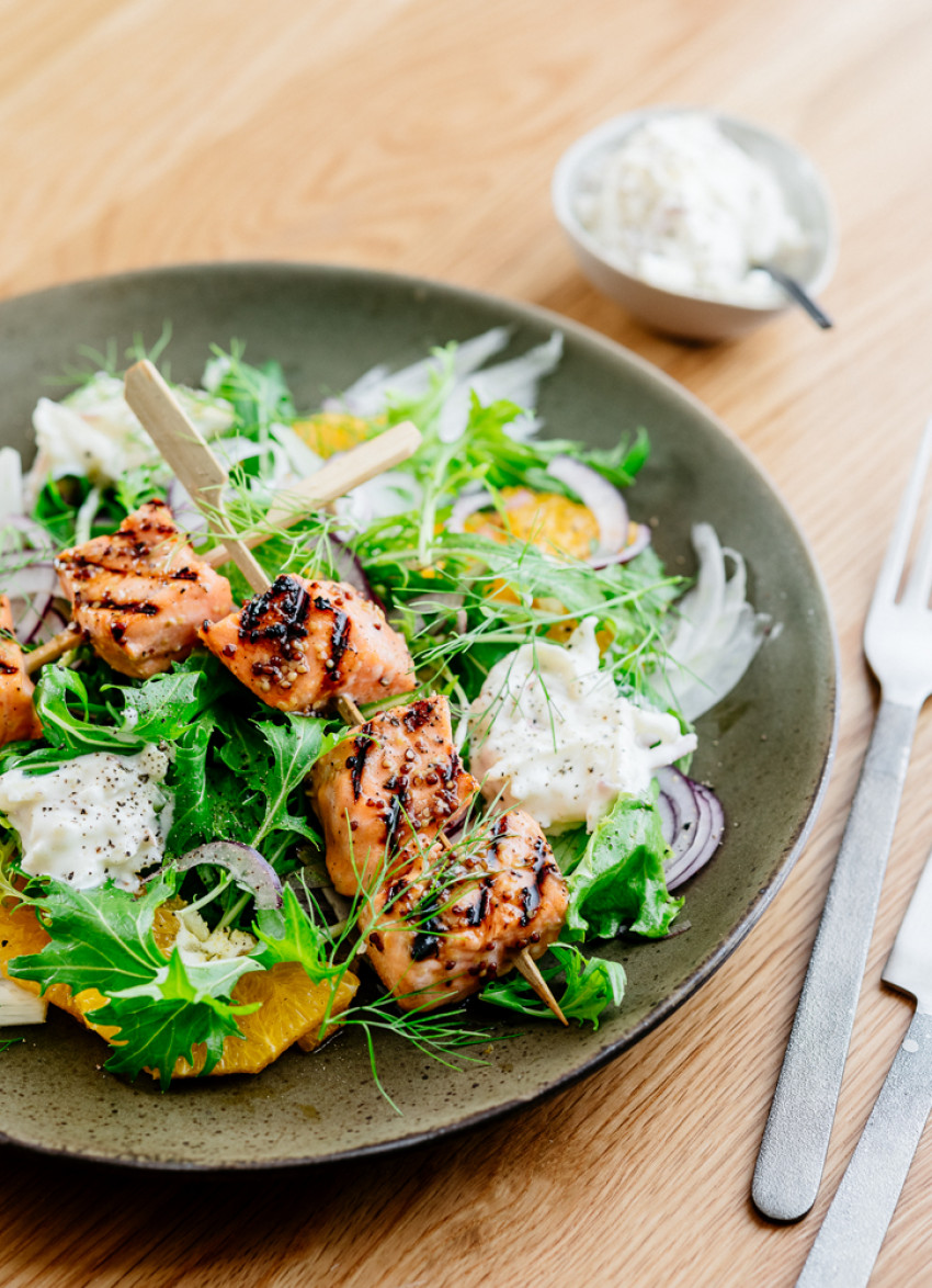 Maple-Glazed Salmon Skewers with Fennel and Orange Salad