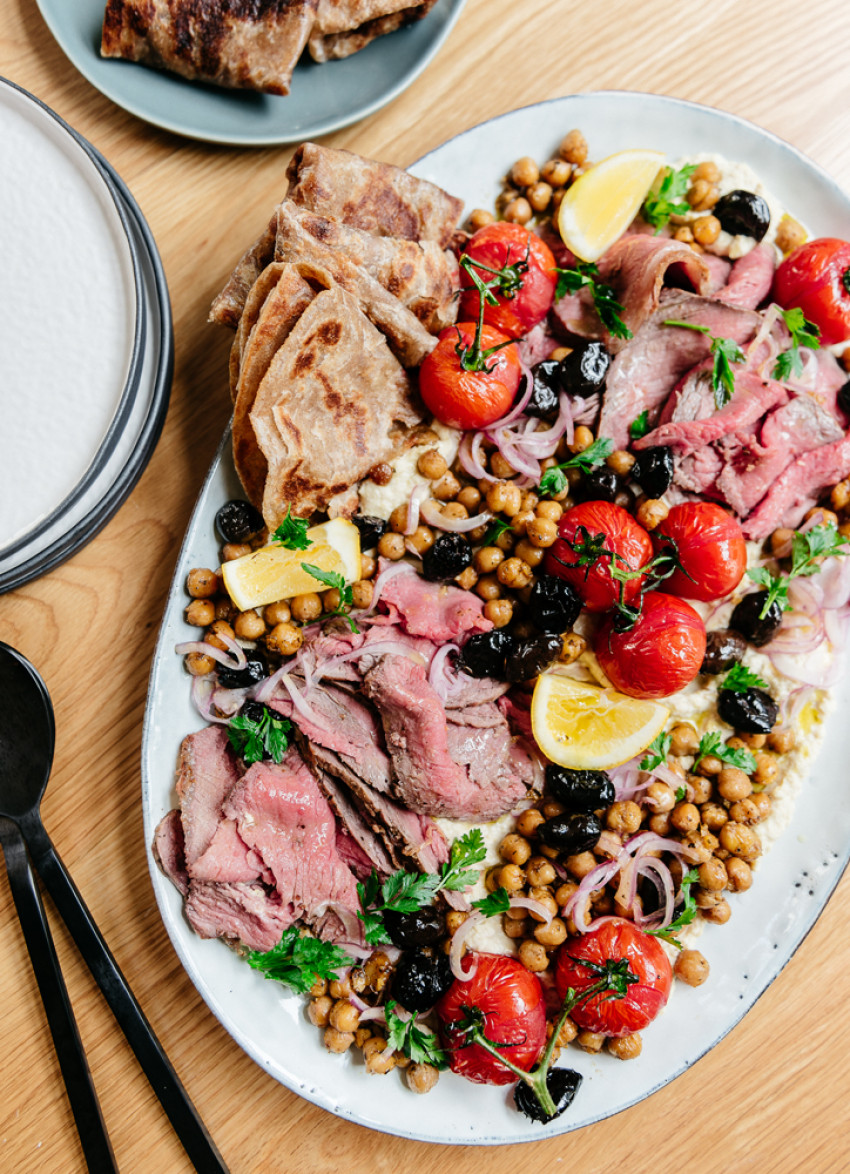 Moroccan Beef with Hummus and Olives