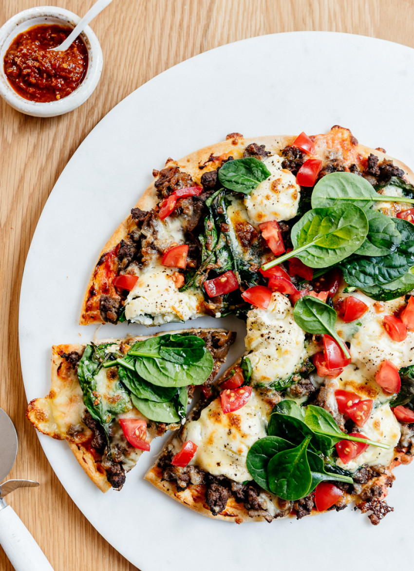 Venison and Spinach Pizza with Harissa
