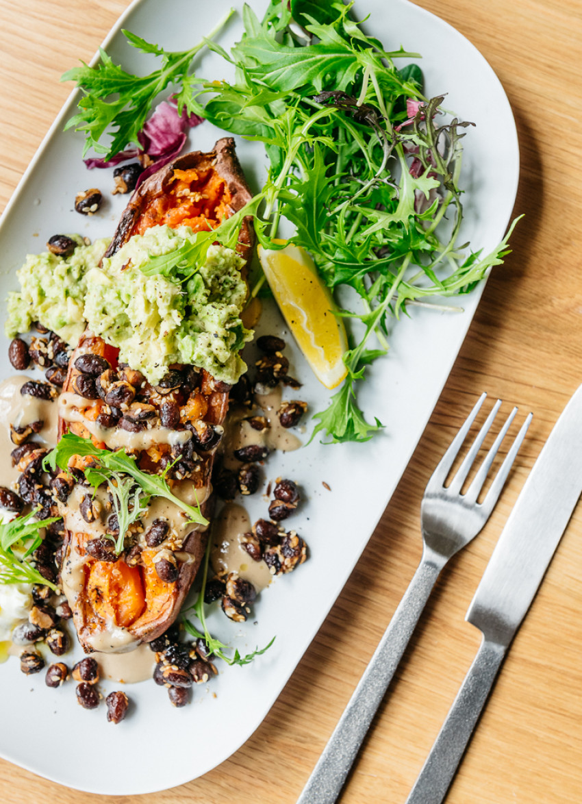 Roasted Sweet Potatoes, Black Beans and Smashed Avocado