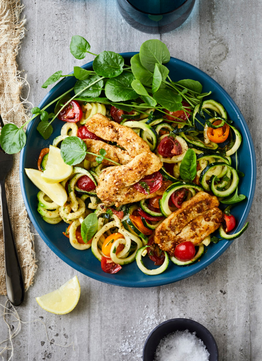 Zucchini Noodles, Raw Tomato Sauce and Halloumi