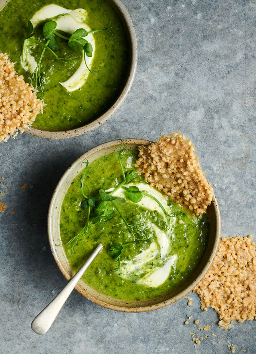 Eat Your Greens Soup with Puffed Quinoa and Parmesan Crisps