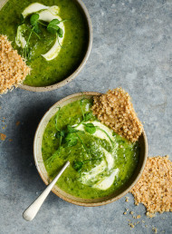 Eat Your Greens Soup with Puffed Quinoa and Parmesan Crisps