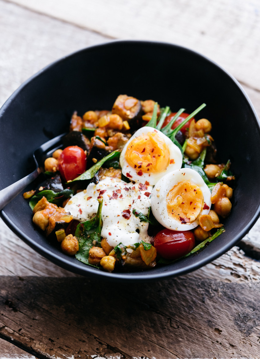Spiced Eggplant and Chickpeas with Soft Eggs » Dish Magazine