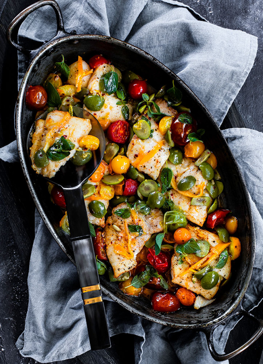 Fish with Cherry Tomatoes, Green Olives and Preserved Lemon