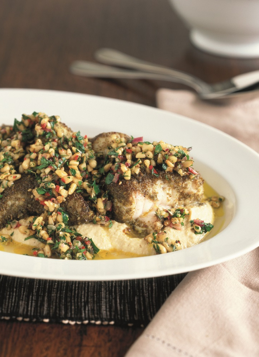 Za'atar Fish with Pinenut Dressing and Hummus