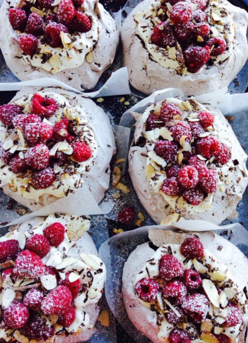 Chocolate, Roasted Almond and Fresh Raspberry Pavlovas