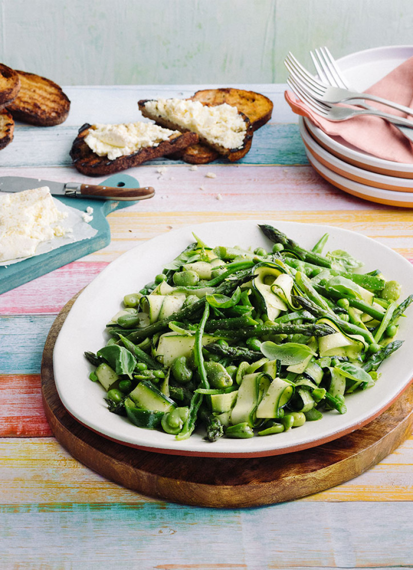 Garden Greens, Basil Dressing and Ricotta Crostini