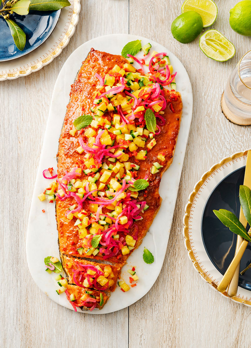 Grilled Korean Glazed Salmon with Fresh Mango and Cucumber Salsa