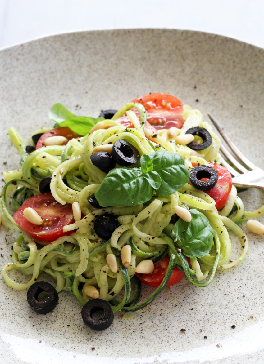 Zucchini Noodles with Creamy Avocado Sauce, Black Olives and Cherry ...