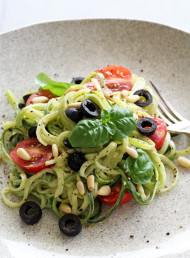 Zucchini Noodles with Creamy Avocado Sauce, Black Olives and Cherry Tomatoes