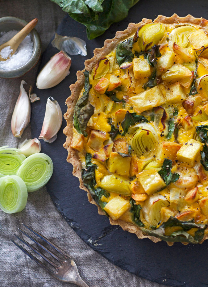 Creamy Leek, Potato and Silverbeet Tart with a Buckwheat Crust