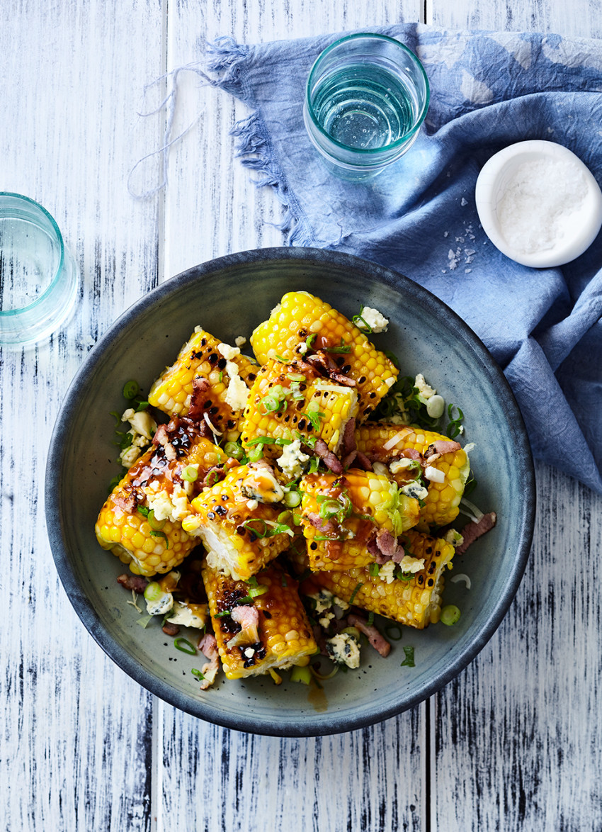 Buffalo Corn with Bacon, Blue Cheese and Spring Onions