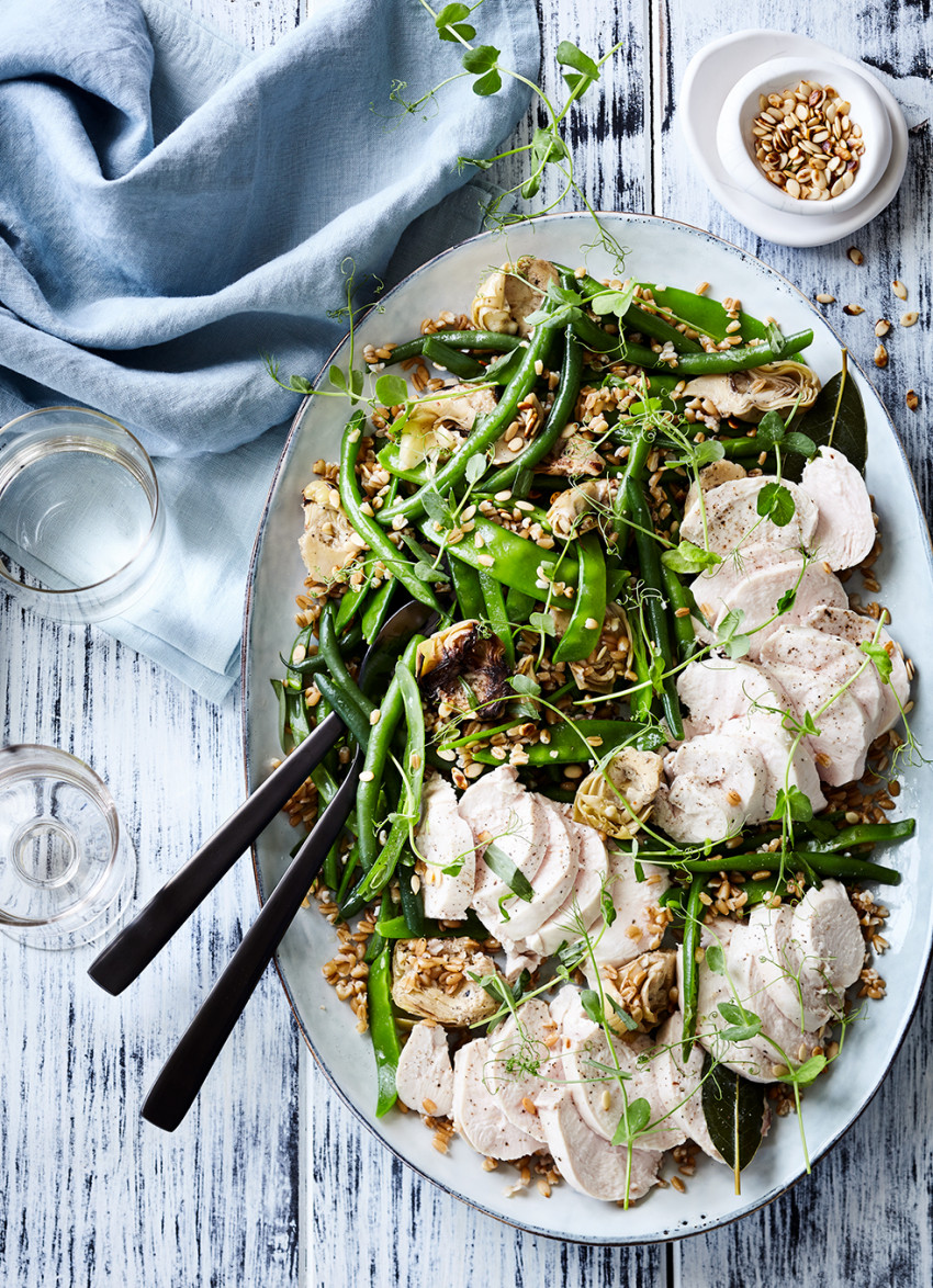 Almond Milk and Tarragon Poached Chicken and Farro Salad 