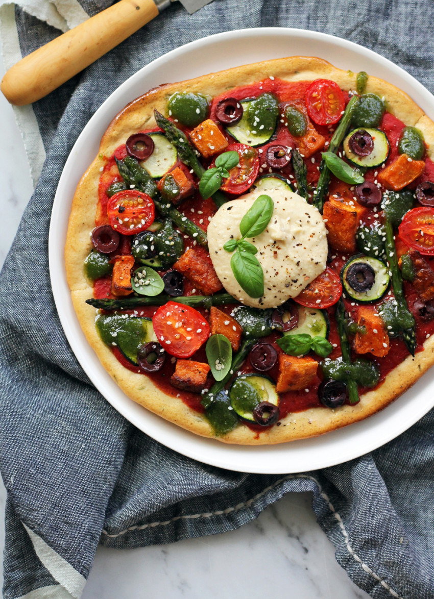 Gluten and Dairy Free Pizza with Almond Rosemary Base, Creamy Hummus and Macadamia Pesto