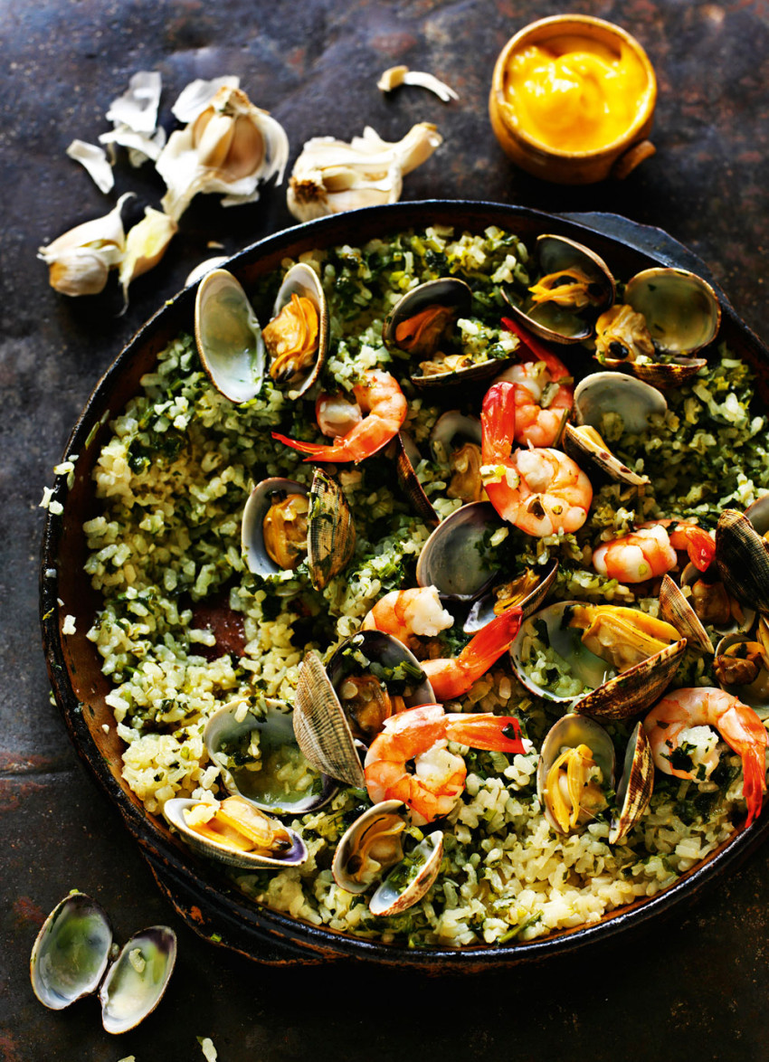 Green Rice with Garlic, Parsley, Clams and Prawns