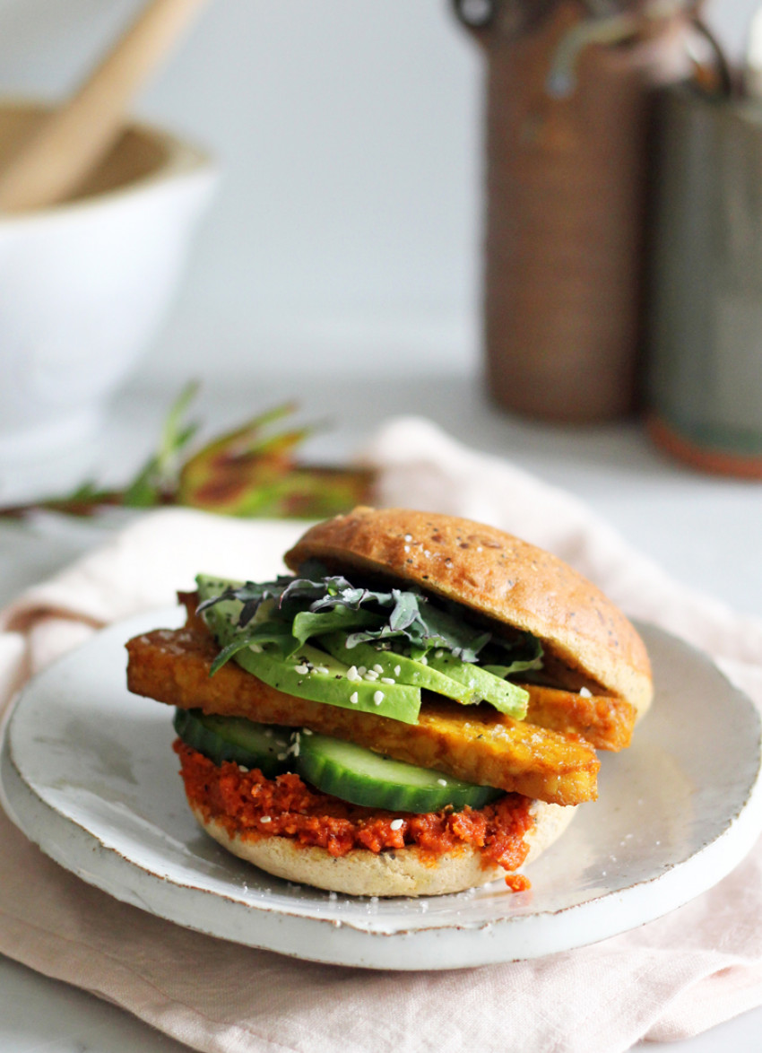 Smoky, Spicy Tempeh Burger with Sundried Tomato Sauce
