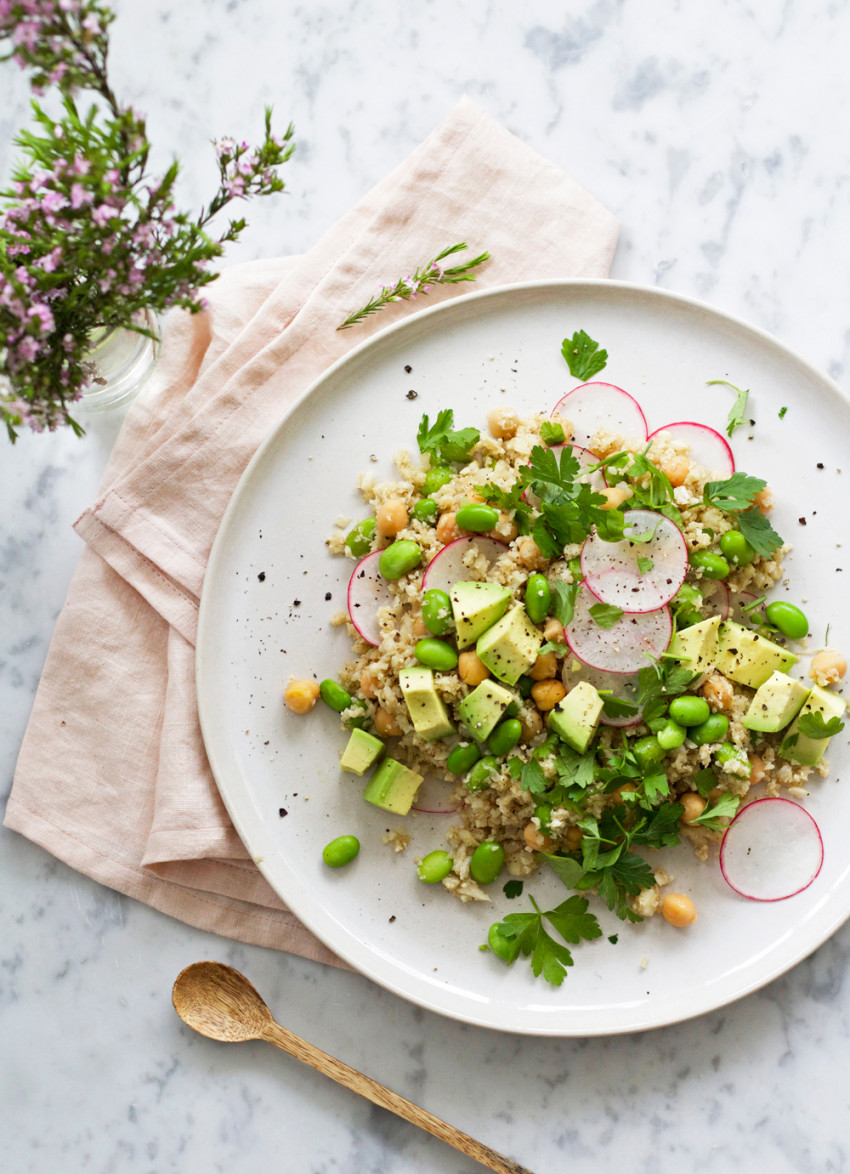 Cumin Cauli Rice and Chickpeas with Avo, Radish and Edamame