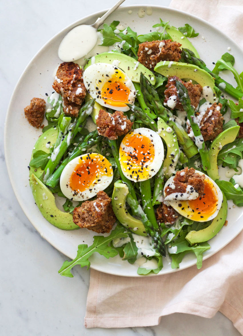 Asparagus, Avocado and Rye Crouton Salad with Tahini and Yoghurt Dressing