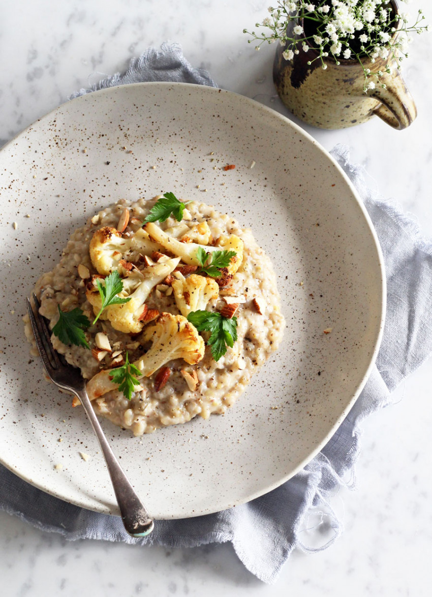 Buckwheat Risotto with Roasted Cauliflower, Almonds and Leeks