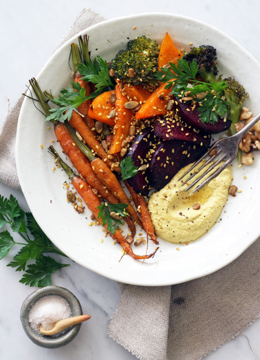 Roasted Autumn Vegetables with Raw Walnut Curry Cream