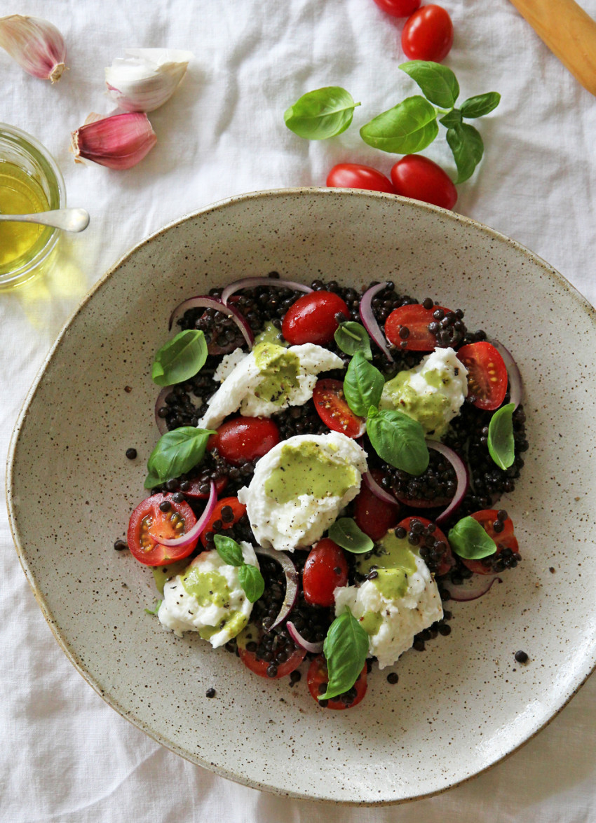 Buffalo Mozzarella and Beluga Lentils with Basil Dressing and Cherry Tomatoes