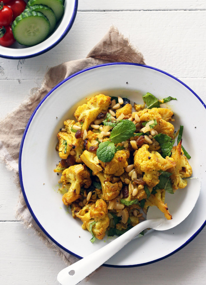 Turmeric Roasted Cauliflower with Raisins, Preserved Lemon and Mint