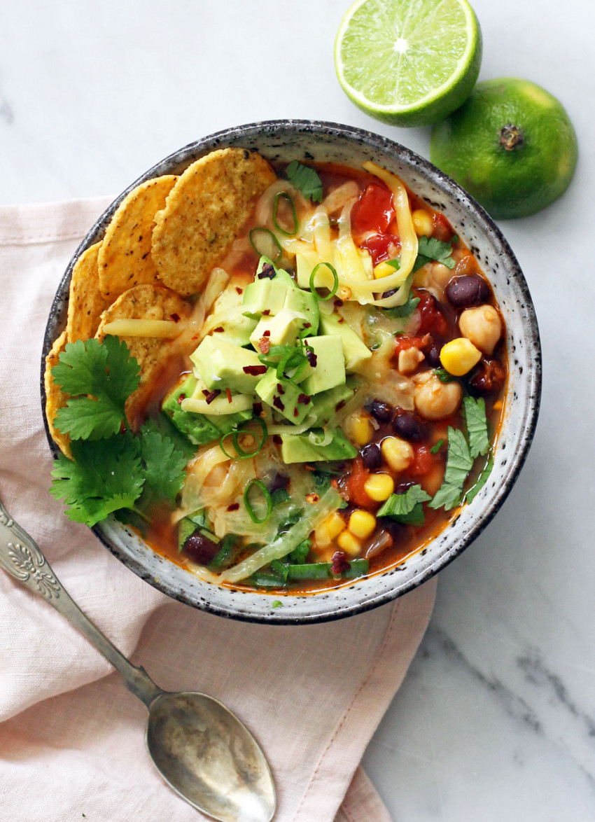 Tortilla Soup with Black Beans, Chickpeas and Avocado