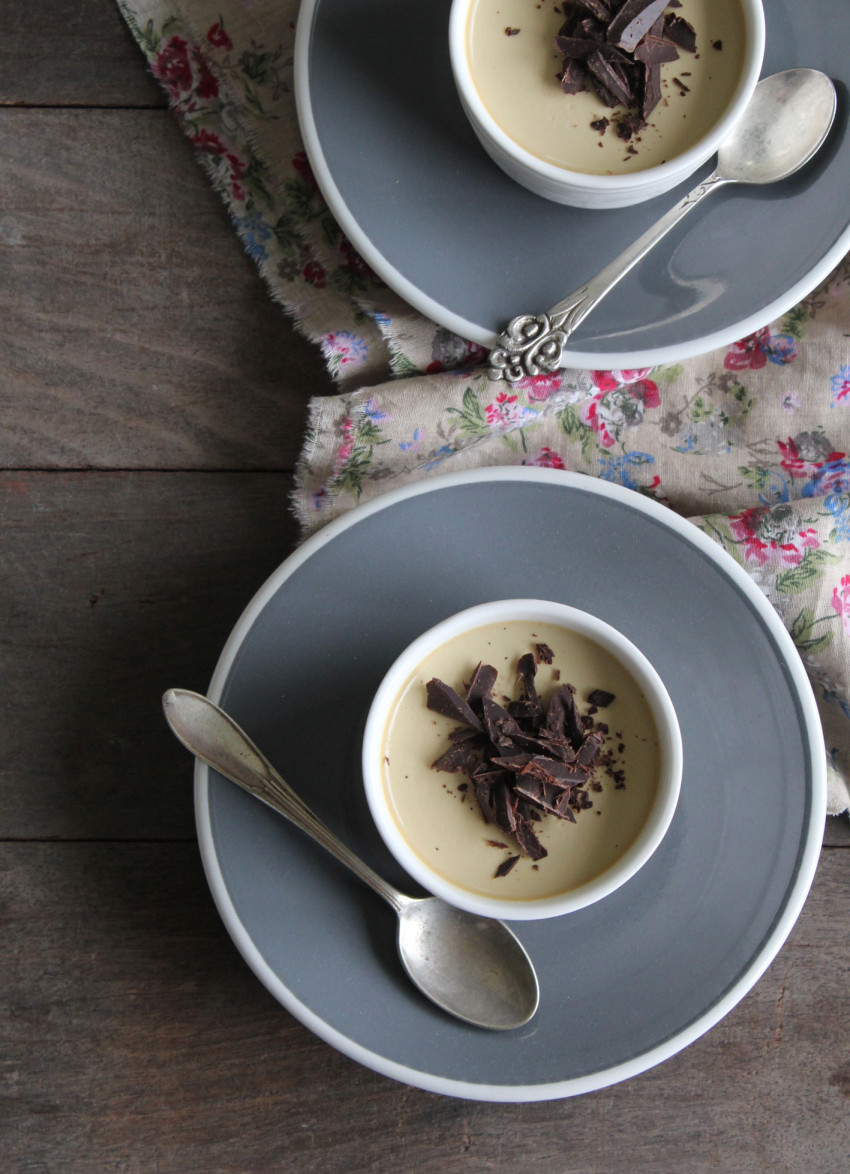 Green Tea and Coconut Sugar Panna Cotta with Dark Chocolate Shavings