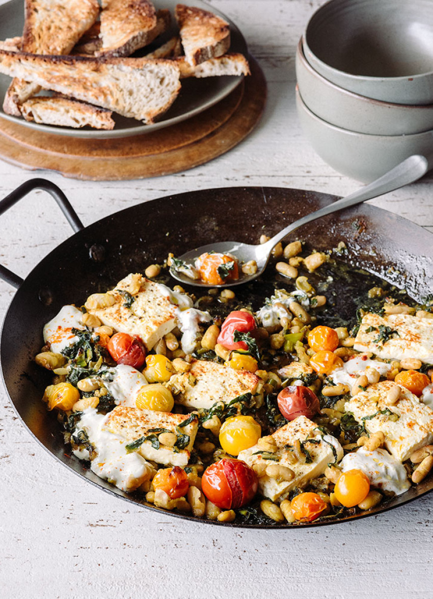 Baked Feta with White Beans and Wilted Greens