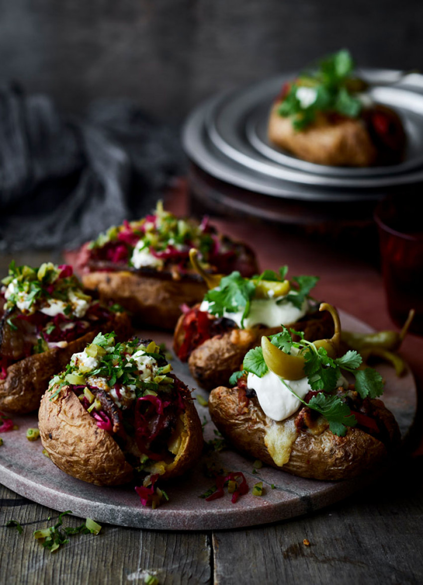 Baked Potatoes with Sliced Pastrami, Red Kraut and Smoky Chilli Beans