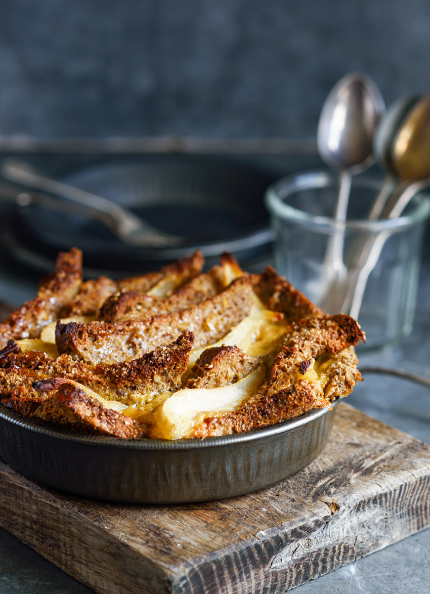 Ginger Bread and Butter Pudding with Poached Pears