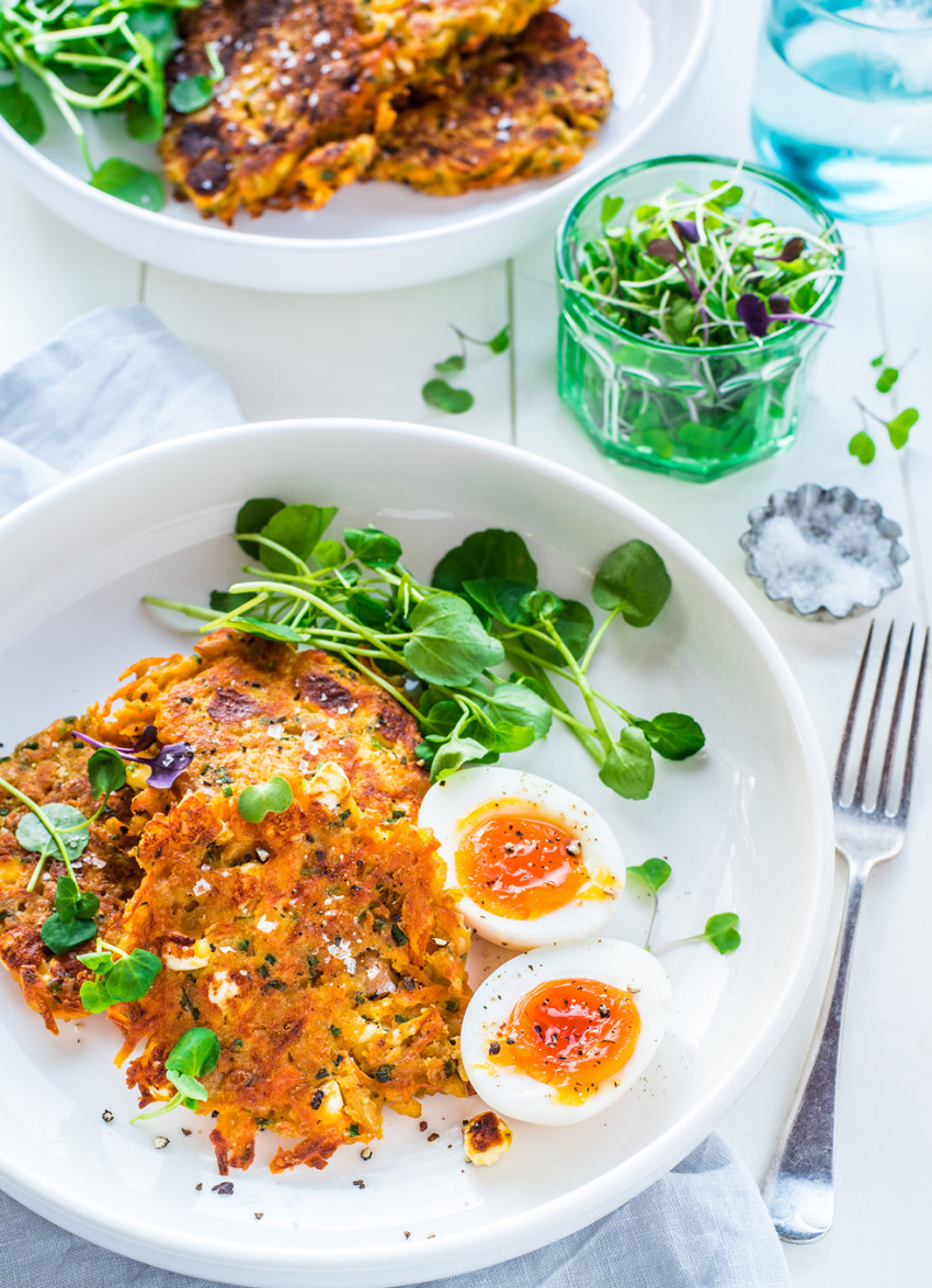 Spiced Carrot and Chickpea Fritters with Soft Boiled Eggs and Watercress