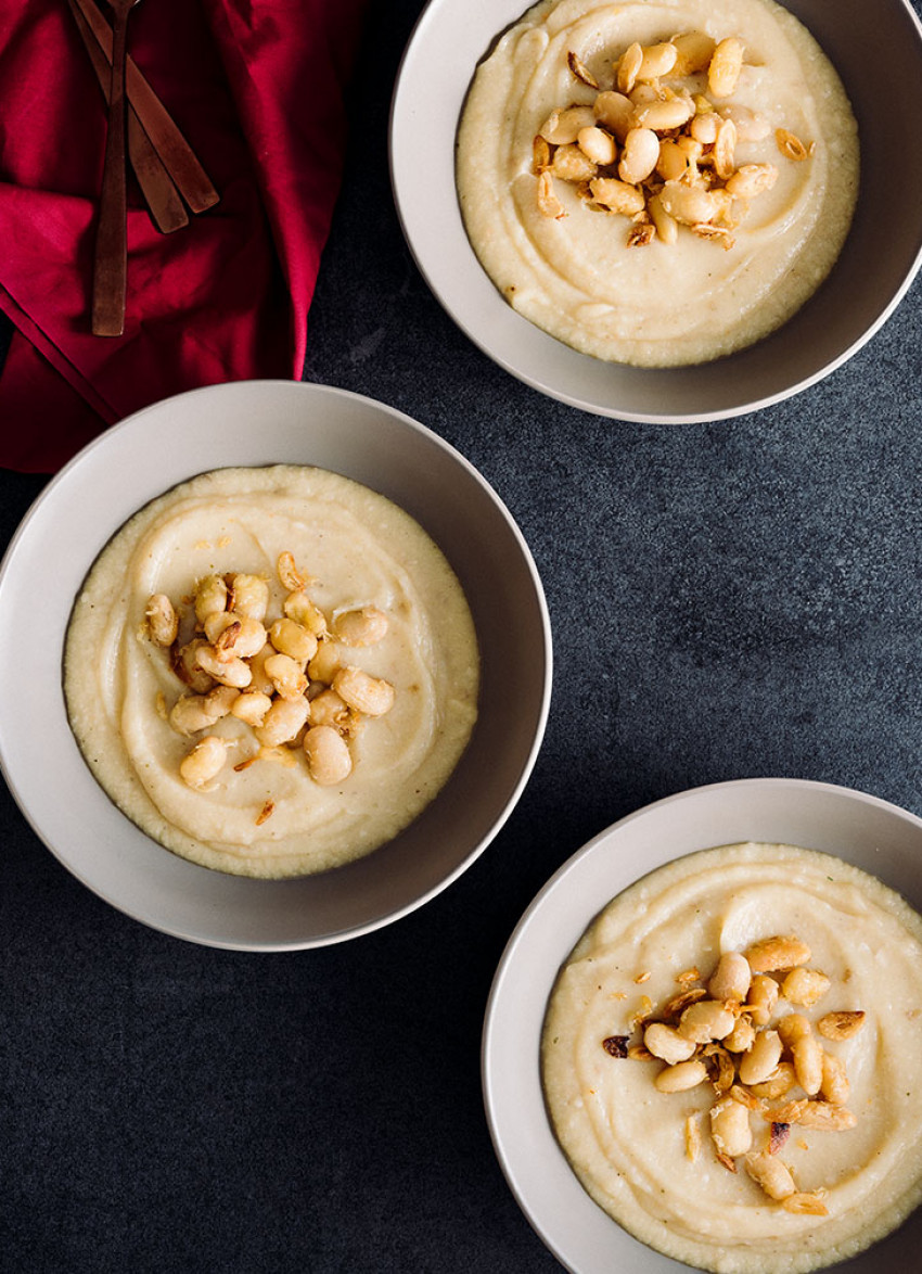 Cauliflower, Garlic and Butter Bean Soup with Crispy Butter Beans