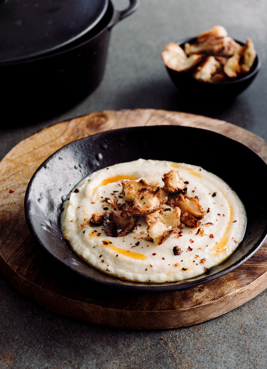 Celeriac and Ricotta Soup with Chilli Oil and Sourdough Croutons 