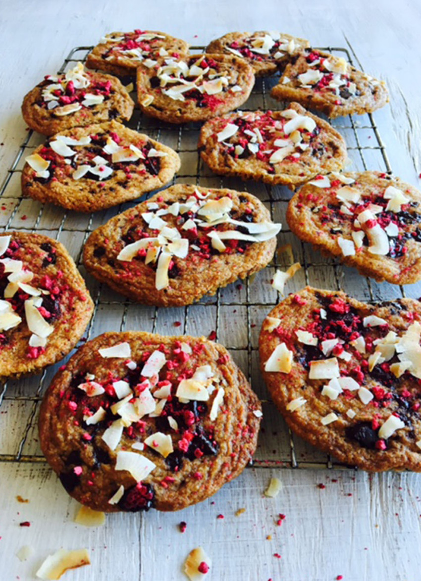 Chewy Chocolate, Coconut and Raspberry Cookies