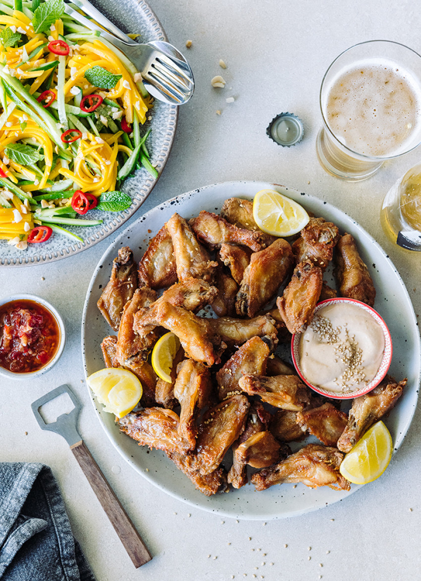 Crispy Baked Chicken Wings with Miso and Sesame Dipping Sauce