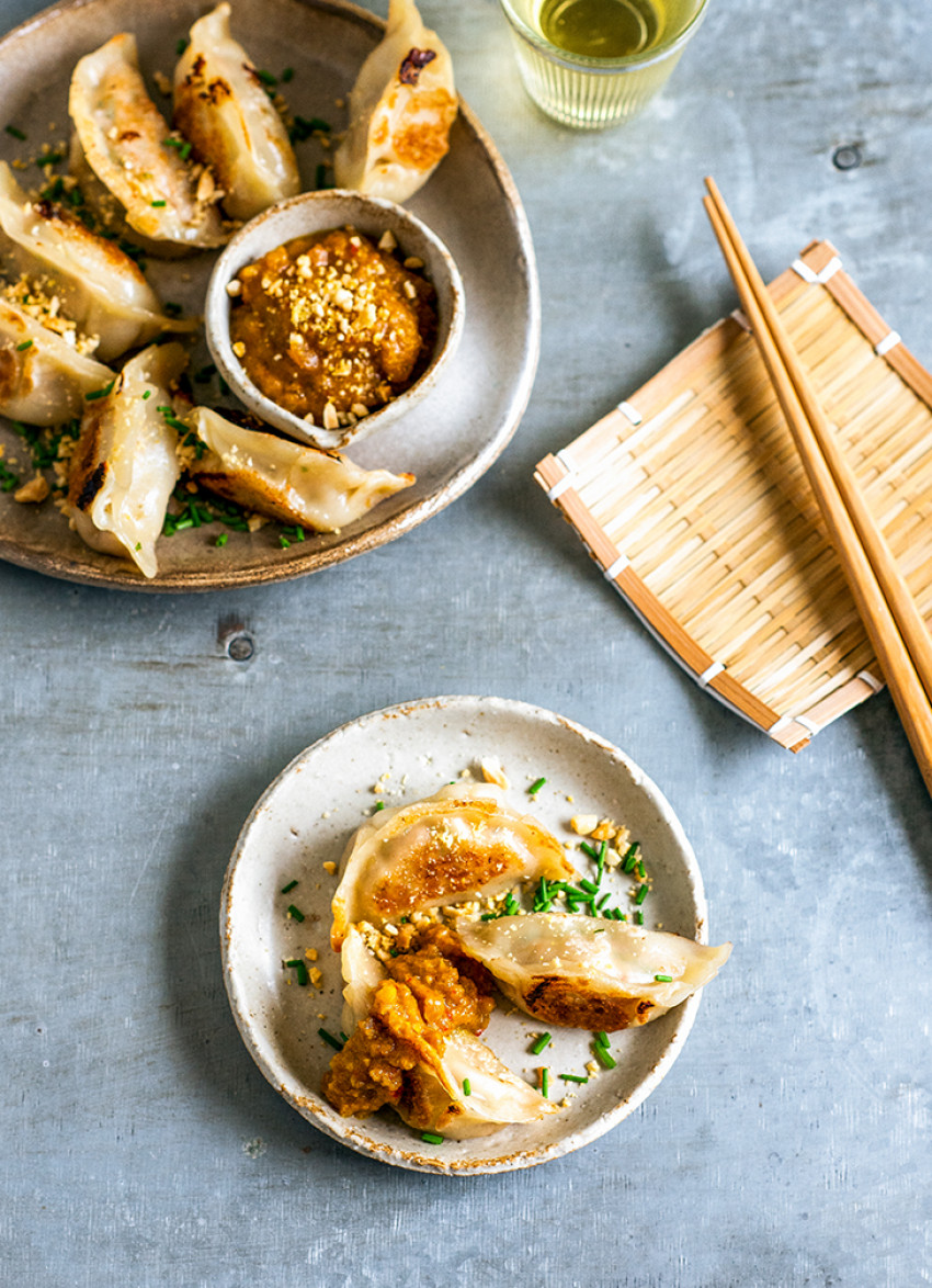 Chicken Dumplings with Spicy Peanut Sauce